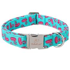 Imagem de Coleiras para cães com laço, coleira de flamingo verde com fivela de metal de segurança ajustável para cães pequenos, médios e grandes, presente de coleira de cachorro para meninos e meninas, pescoço
