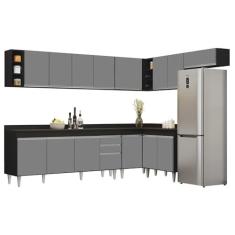 Imagem de Armário de Cozinha Modulado de Canto 8 Peças CP26 Balcão com Tampo Preto/Cinza - Lumil