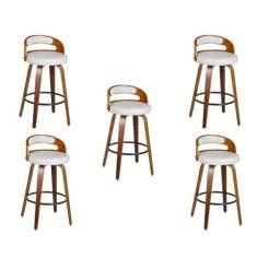 Imagem de Kit 5 Banqueta para Cozinha Alta Giratória Madeira Roma Branco/Marrom