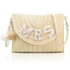 Imagem de Pinkunn Bride Bolsa de ombro de palha para mulheres, bolsa de mão de palha, strass, pérola, casamento, verão, praia, férias, chá de panela, presente, Marrom