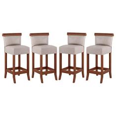 Imagem de Kit 4 Banquetas Média Estofada Encosto Diamantina 36x90Cm Balcão Madeira Maciça Linho Bege M58 - RMI