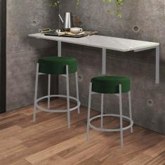 Imagem de Kit Mesa Suspensa de Parede Fixa MDF Marmorizado + 2 Banquetas Sintra Ferro Cinza Suede Verde - Ahazzo Móveis