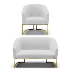 Imagem de Sofá Namoradeira e Poltrona Base Industrial Dourado Stella Linho Cinza A05 D03 - D'Rossi