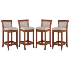 Imagem de Kit 4 Banquetas Média Estofada Encosto Mônaco 36x90Cm Bancada Madeira Maciça Linho Bege M58 - RMI