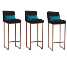 Imagem de Kit 03 Banqueta Alta com Encosto Lucca Industrial Cozinha Balcão Ferro Bronze Suede Preto e Almofada Azul Turquesa - Ahazzo Móveis