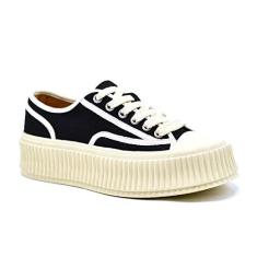 Imagem de Rebamima Tênis feminino plataforma com cadarço grosso Fashione lona quatro estações, Preto, 35