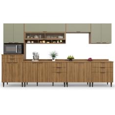 Imagem de Armário De Cozinha Completa Com Balcão Nicho Para Micro Ondas 13 Portas 8 Gavetas Paris Nogal/verde