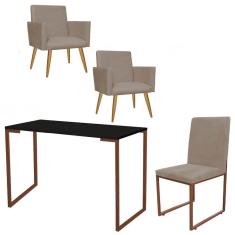 Imagem de Kit Escritório Stan 2 Poltronas com Cadeira e Mesa Industrial Tampo Preto Bronze Tecido Sintético Bege - Ahz Móveis