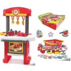 Imagem de Combo Cozinha Infantil Com Pia Fogão Forno + Cesta Mercadinho Frutas L