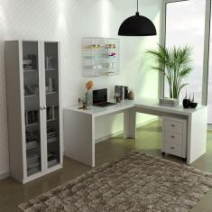Imagem de Mesa em L com Gaveteiro e Armário com 2 Portas de Vidro Espresso Móveis Branco