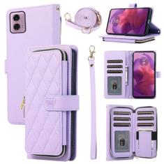 Imagem de Furiet Argyle Capa carteira para Motorola G24 com alça de ombro, 9+ compartimentos para cartões, bolsa com zíper, capa de celular xadrez xadrez de luxo de couro PU para Moto G24 mulheres meninas roxo