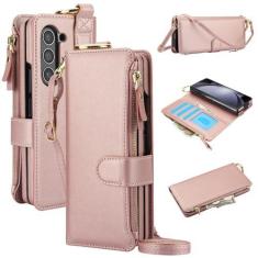 Imagem de XIMAND Capa carteira para Samsung Galaxy Z Fold 6 com 3 compartimentos para cartão de crédito e compartimento para dinheiro, bolso com zíper, pulseira e anel, bloqueio de RFID, função multicartão,