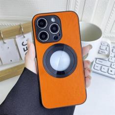Imagem de Capa de couro fashion empresarial para iPhone 15 14 13 12 11 Pro Max Plus com furos magnéticos protetor de câmera capa de toque de pele, laranja