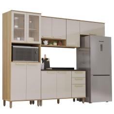 Imagem de Armário De Cozinha Completa Com Balcão 10 Portas 3 Gavetas Com Vidro E Nicho Para Micro Ondas Madeir Mocca Laca