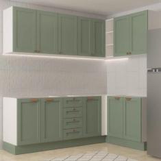 Imagem de Cozinha Modulada 6 Peças sem Tampo 3 Armários Aéreos e Nichos, 3 Balcões Cabecasa Madeiramadeira Verde Menta/branco