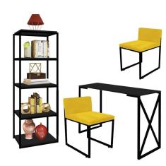 Imagem de Kit Escritório Bex 2 Cadeiras Suede Amarelo com 1 Mesa e 1 Livreiro Ferro Preto MDF Preto - Ahazzo Móveis