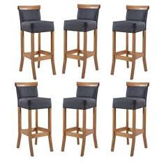 Imagem de Kit 6 Banquetas Alta Encosto Estofada 36x100 Cm Diamantina Madeira Maciça Mel Linho Cinza L67 - RMI