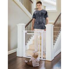 Imagem de Porta Baby Gate BABELIO de acrílico transparente de 29-40 cm com fechamento automático branco