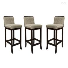Imagem de Kit 3 Banquetas Média para Balcão Nice em Madeira Maciça Matelassê Suede Bege CCS