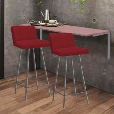 Imagem de Kit Mesa Suspensa de Parede Fixa MDF Rosa + 2 Banquetas Lexi Ferro Cinza Suede Vermelho - Ahazzo Móveis