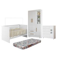 Imagem de Quarto de Bebê Berço com Colchão, Cômoda 1 Porta 4 Gavetas e Roupeiro Flocos 3 Portas 2 Gavetas Branco