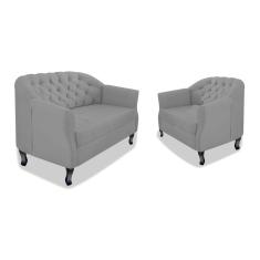 Imagem de Kit Namoradeira Sofá Recamier e Poltrona Julia Pés Luís Xv Com Botonê para Sala de Estar Recepção Quarto Escritório  Corano - AM Decor