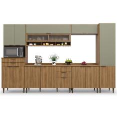 Imagem de Armário De Cozinha Completa Com Balcão Nicho Para Micro Ondas 13 Portas 5 Gavetas Paris Nogal/verde