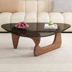 Imagem de Mesa de centro de vidro triangular, mesa final de vidro preto vintage, mesa final moderna com base de madeira maciça para sala de estar, pátio, escritório, pernas de nogueira + b, 91 × 65 ×