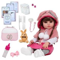 Imagem de Boneca Reborn Realista Menina Articulado Com Pelúcia + Itens - Cegonha