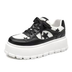 Imagem de BEAU TODAY Tênis feminino moderno de plataforma, tênis grosso com strars para mulheres, leve e confortável, sapatos casuais com cadarço para trabalho ao ar livre, Preto e branco, 35