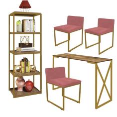 Imagem de Kit Escritório Bex 3 Cadeiras Suede Rose com 1 Mesa e 1 Livreiro Ferro Dourado MDF Freijó - Ahazzo Móveis
