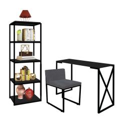 Imagem de Kit Escritório Bex 1 Cadeira Suede Cinza com 1 Mesa e 1 Livreiro Ferro Preto MDF Preto - Ahazzo Móveis