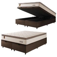 Imagem de Cama Box Baú Casal King Colchão Molas Ensacadas Com Pillow Malttês 193x203x69cm Suede Cáqui Hellen Bege