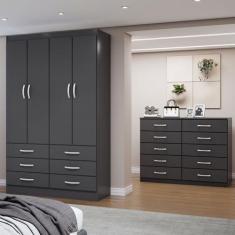 Imagem de Guarda-Roupa Solteiro Leo 4 Portas 6 Gavetas com Cômoda 10 Gavetas Pre