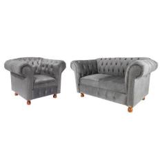 Imagem de Conjunto Sofa Namoradeira Chesterfield Capitone Luis Xv Suede Cinza /