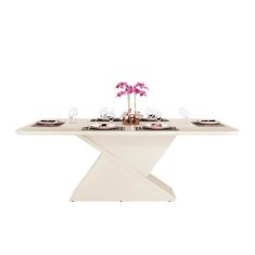 Imagem de Mesa para Cozinha Zafira + Tampo Madeirado Vidro Curvo 200x100cm Off White - DJ Móveis