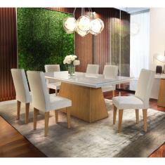 Imagem de Conjunto de Mesa de Jantar Luna I com Vidro e 6 Cadeiras Grécia Veludo Creme e Off White