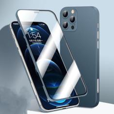 Imagem de Capa de telefone com capa completa 360 para iPhone 12 11 Pro Max 12 Mini X XR XS Max Frente de vidro temperado traseira capa dura à prova de choque fosca, azul marinho, para iPhone 11 Pro