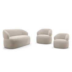 Imagem de Kit 02 Poltronas Giratória e 01 Sofá Orgânico Glee 03 Lugares 170cm Veludo Bege - Desk Design