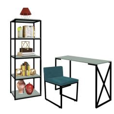 Imagem de Kit Escritório Bex 1 Cadeira Suede Azul Turquesa com 1 Mesa e 1 Livreiro Ferro Preto MDF Verde Oliva - Ahazzo Móveis