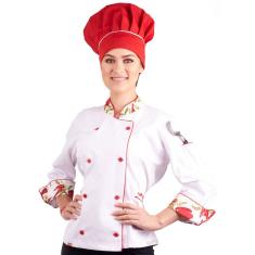 Imagem de Dolmã Feminino Acinturado Modelo Pimenta Chef de Cozinha