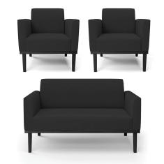 Imagem de Sofá Namoradeira com 2 Poltronas Base de Madeira Fixa Preto Marisa Veludo D03 - D`Rossi