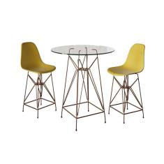 Imagem de Jogo Mesa Bistrô Eames Vidro 60Cm 2 Banquetas Amarela Base Ferro Cobre - Cor: Branco