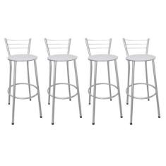 Imagem de Kit 4 Banquetas Altas Prata com Encosto Assento Branco - Fortmix