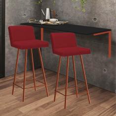 Imagem de Kit Mesa Suspensa de Parede Fixa MDF Preto + 2 Banquetas Lexi Ferro Bronze Sintético Vermelho - Ahazzo Móveis