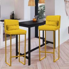 Imagem de Kit 02 Banqueta Alta com Encosto Lucca Industrial Cozinha Balcão Ferro Dourado Corino Amarelo e Almofada Amarelo - Ahazzo Móveis