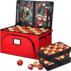 Imagem de KPX Caixa de armazenamento de enfeites de Natal com divisórias ajustáveis - comporta ornamentos de até 182 a 10 cm - Estojo de armazenamento de decoração de enfeites de Natal com 3 bandejas removíveis