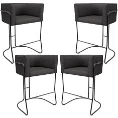 Imagem de Kit 04 Banquetas Baixa Base De Aço Preto Betina D02 Linho Cinza Escuro C-416 - Lyam Decor
