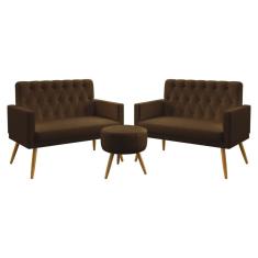 Imagem de Kit 2 Poltronas Namoradeiras Estofadas Sala De Estar Nina Com Rodapé E Botões Puff Solar Capitonê Sued Marrom Aradecor