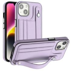 Imagem de Capa de telefone com pulseira de couro para iPhone 14 13 12 11 Pro Max XS X XR SE 2020 2022 7 8 Plus com capa protetora de suporte de cartão, roxa, para iPhone 14 Plus